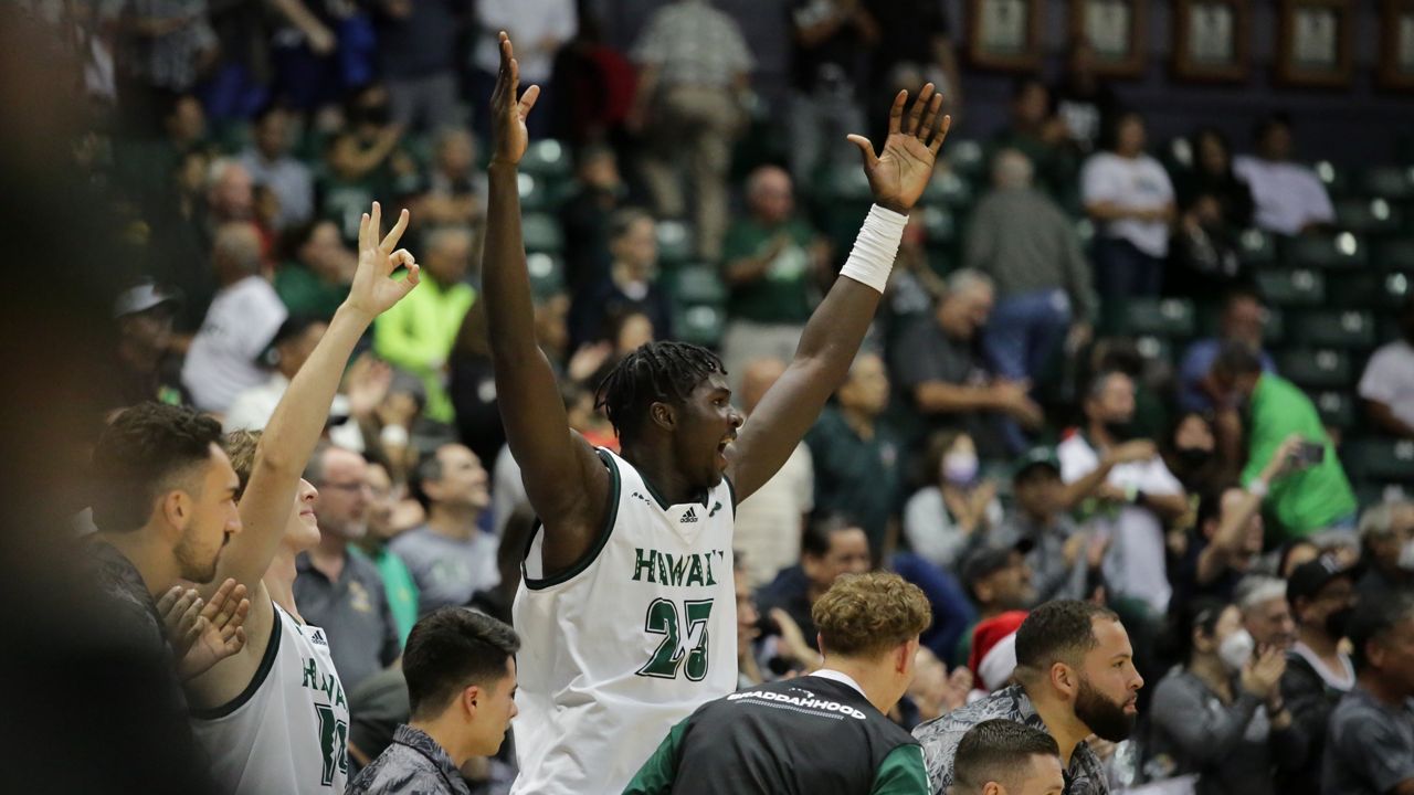 Freshman center Mor Seck reacted to a 3-pointer for Hawaii in its 62-51 win over Washington State in the Hawaiian Airlines Diamond Head Classic semifinals on Friday. Seck provided a spark off the bench with six rebounds in the first half.