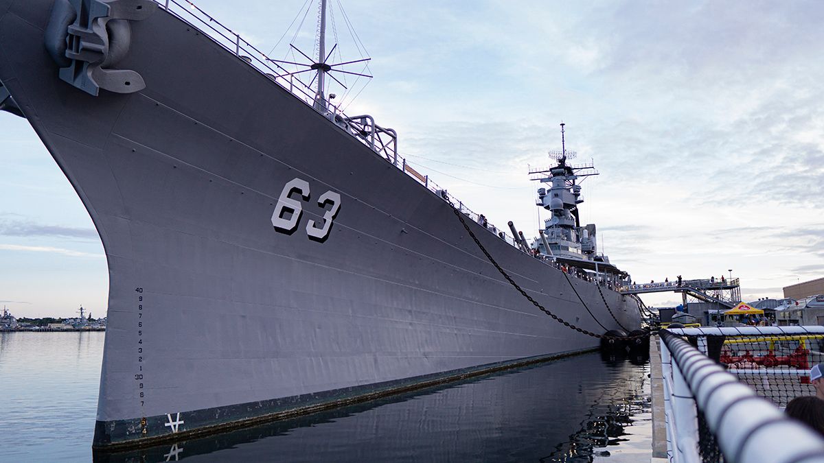 Battleship Missouri Memorial docked on Ford Island in Pearl Harbor. (Spectrum News/Sarah Yamanaka)