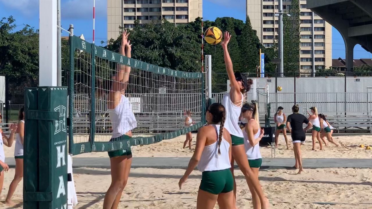 The Hawaii beach volleyball team, seen practicing in the 2022 preseason, will compete against Loyola Marymount in the NCAA tournament first round on Wednesday in Gulf Shores, Ala. 