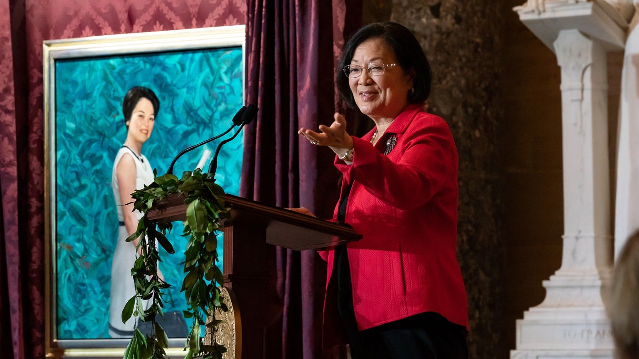 Sen. Mazie Hirono speaks after helping to unveil a portrait of the late Rep. Patsy Mink at the Capitol in 2022. (AP Photo/J. Scott Applewhite)