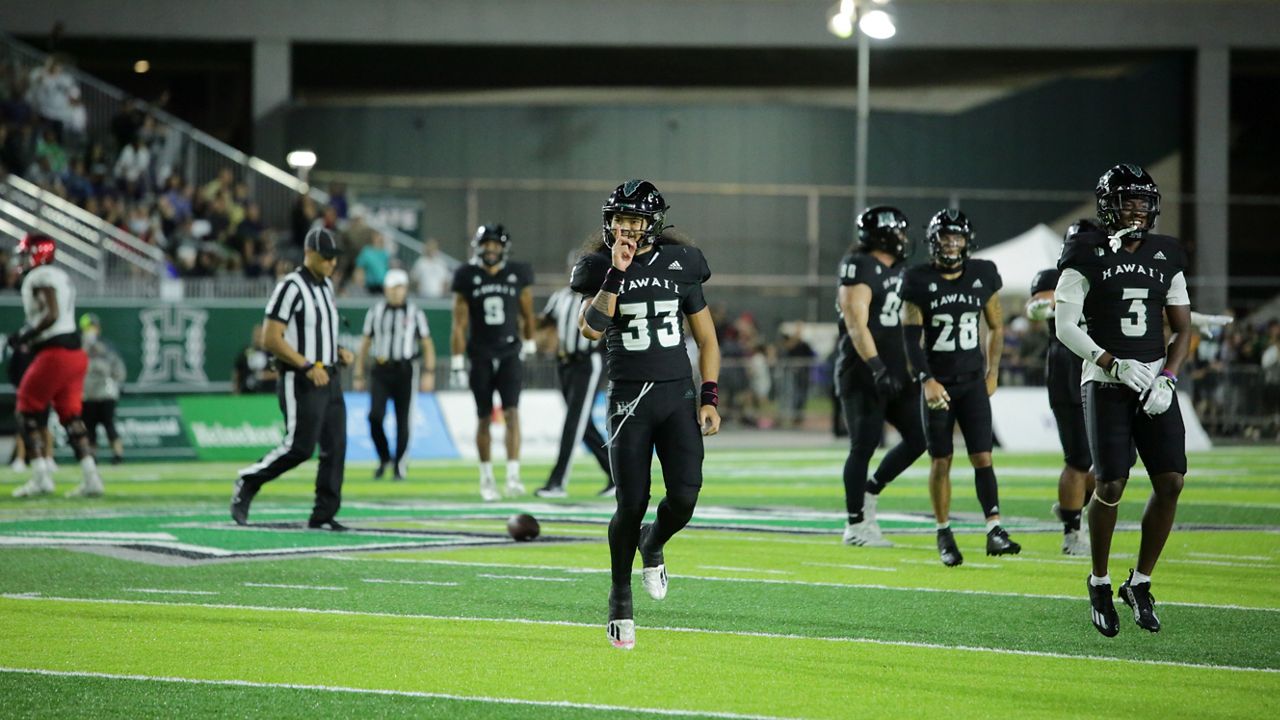 The University of Hawaii will add bleacher seating to areas of the Clarence T.C. Ching Athletics Complex that includes the corner of the field seen behind safety Peter Manuma in the 2022 home finale against UNLV. The seating is projected to be ready by the 2023 season home opener against Stanford on Sept. 1.