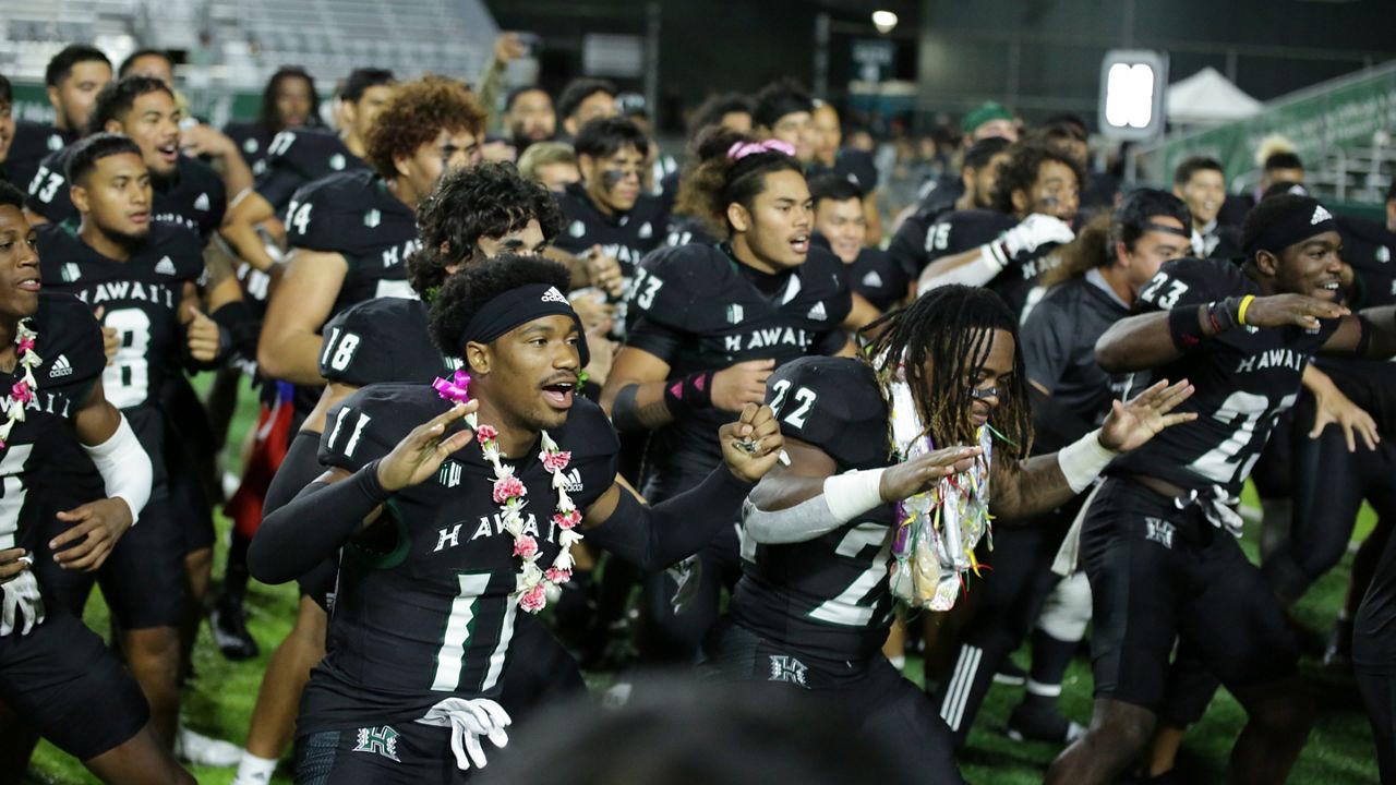 Hawaii football underclassmen performed a ha‘a for 23 seniors honored after a 31-25 win over UNLV on Saturday night.