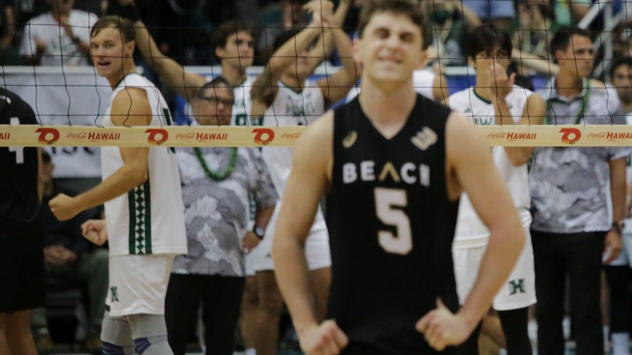 Long Beach State setter Aidan Knipe grimaced and his Hawaii counterpart Jakob Thelle celebrated as a key review call went in UH's favor, giving the Rainbow Warriors the second set on a way to a sweep Saturday night.