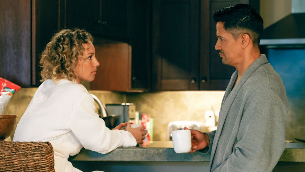 Perdita Weeks as Juliet Higgins and Jay Hernandez as Thomas Magnum on the NBC crime drama "Magnum P.I." (Photo courtesy of Zack Dougan/NBC)