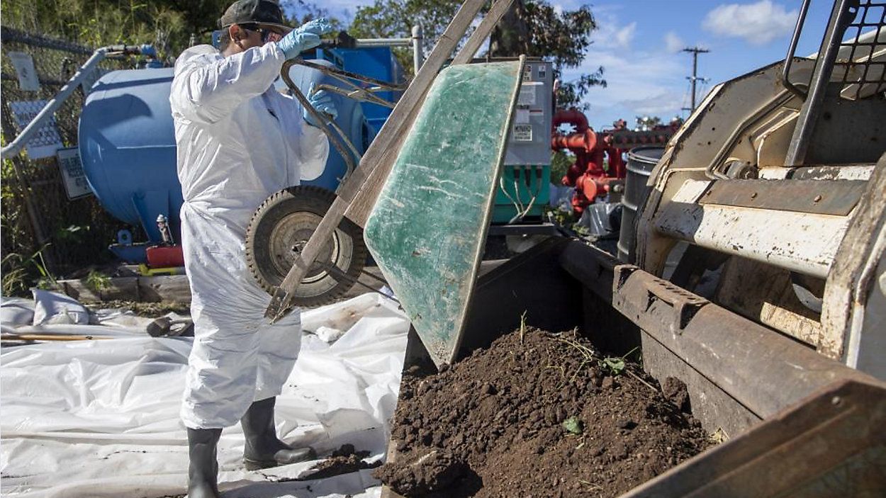 A Navy employee empties a wheelbarrow of contaminated soil into a tractor as part of a hazard material spill recovery operation at the Red Hill Bulk Storage Facility. (Photo courtesy of U.S. Navy)