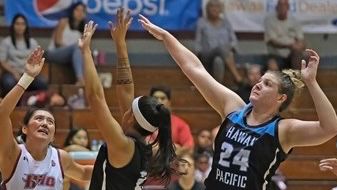 Hawaii Pacific center Abby Spurgin, right, made an immediate impact upon her arrival to the team as a graduate transfer.