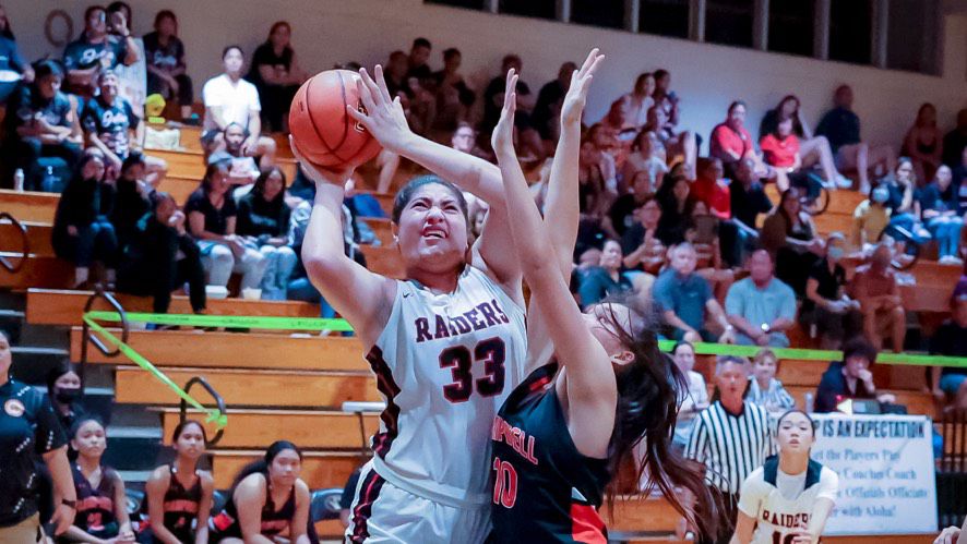 Iolani forward Mele Sake rumbled for 23 points and 13 rebounds against Campbell on Thursday to lead the Raiders back to the HHSAA Division I title game.