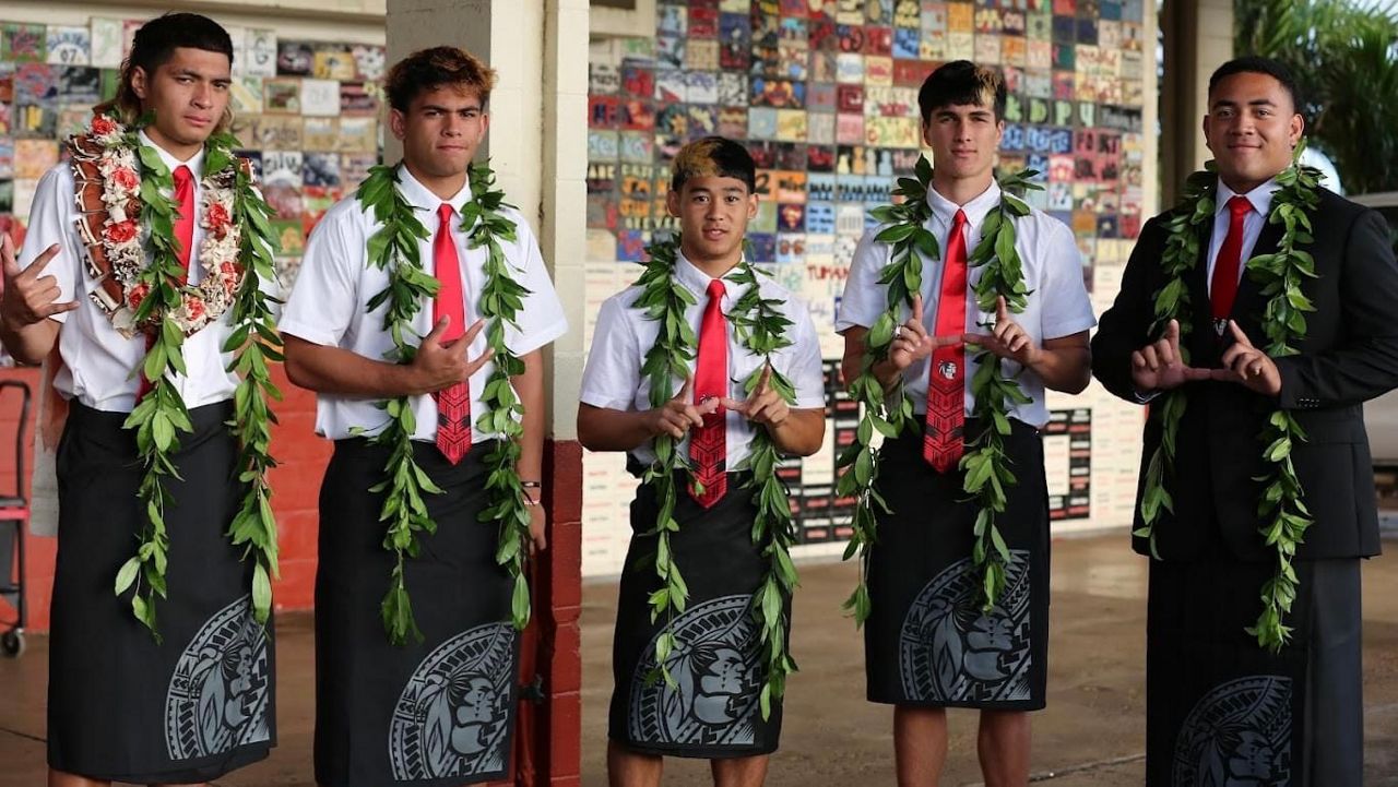 Kahuku's Division I football prospects Leonard Ah You (Oregon State), Liona Lefau (Texas), Kainoa Carvalho (Utah), Brock Fonoimoana (Utah) and Stanley Raass (Utah) signed together in a ceremony at the school Wednesday morning.