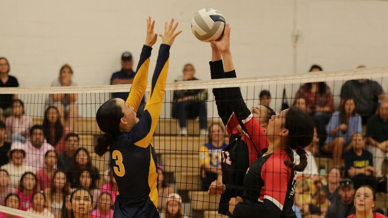 Iolani middle Callie Pieper and hitter Senna Roberts-Navarro, right, jousted with Punahou setter Rella Binney at the Raiders' gym on Tuesday night. (Spectrum News/Brian McInnis)