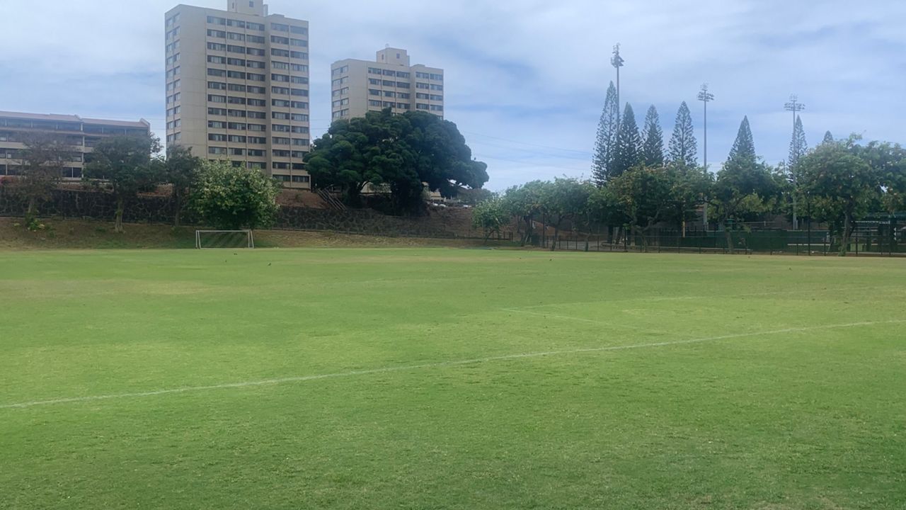 The Cooke Field grass area where the Hawaii soccer team holds practice, and where the UH track team practices its throwing events. (Spectrum News/Brian McInnis)