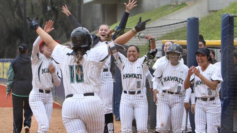 Hawaii first baseman Dallas Millwood celebrated a home run in the 2022 season.