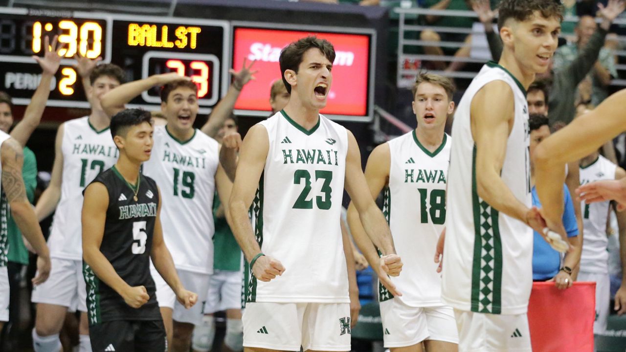 Spyros Chakas roared when Cole Hogland and Jakob Thelle combined to block Tinaishe Ndavazocheva to clinch the second set against Ball State in the 2023 opener on Thursday night.