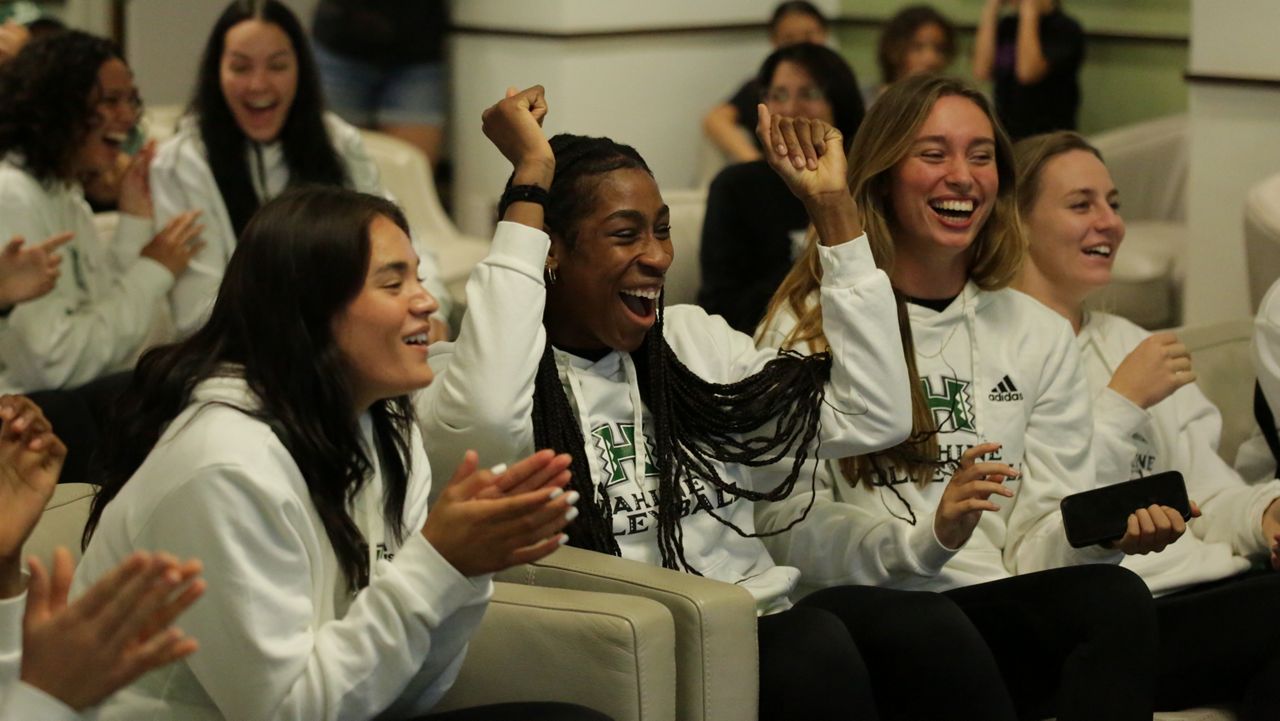 Hawaii middle Amber Igiede celebrated when the Rainbow Wahine's NCAA first-round matchup with LSU was revealed.