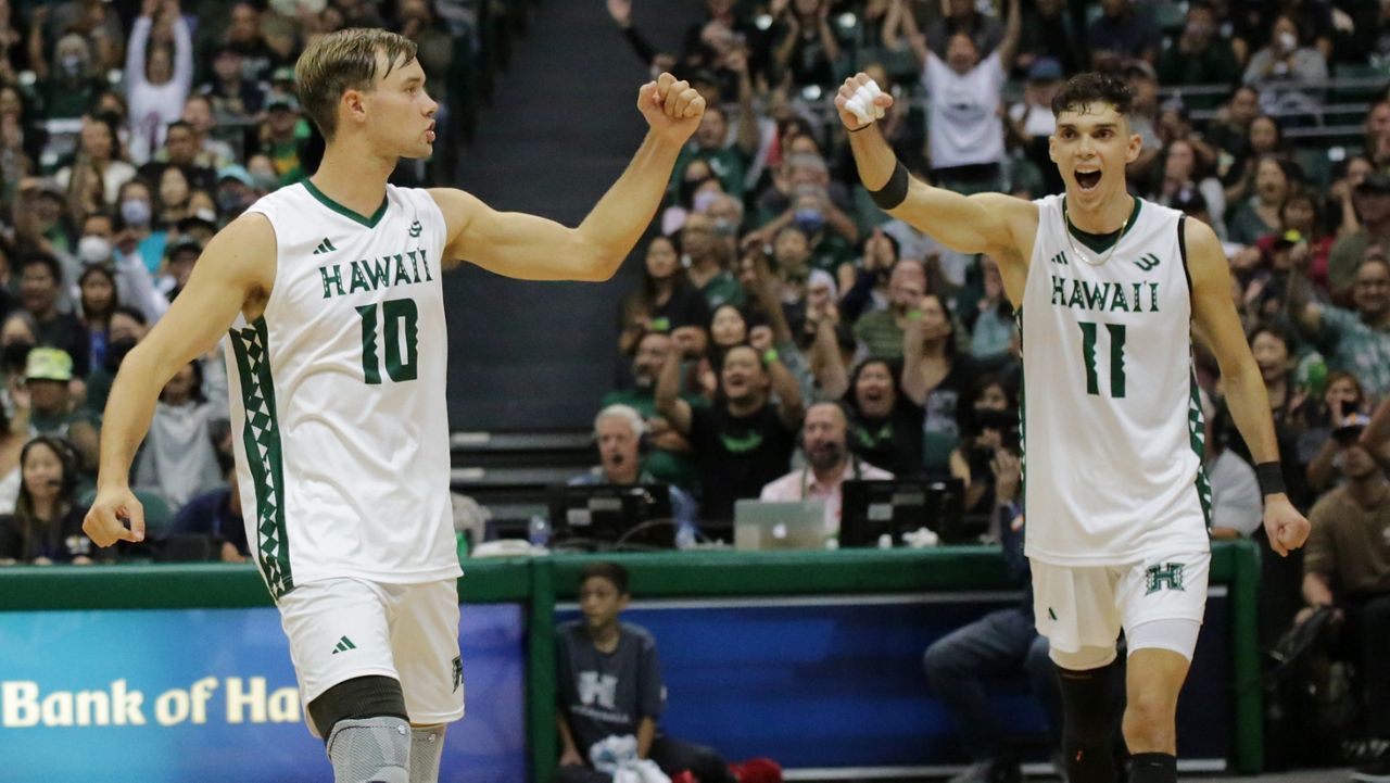 Setter Jakob Thelle and opposite Dimitrios Mouchlias, seen last week against Long Beach State, helped UH complete back-to-back sweeps of CSUN this weekend. (