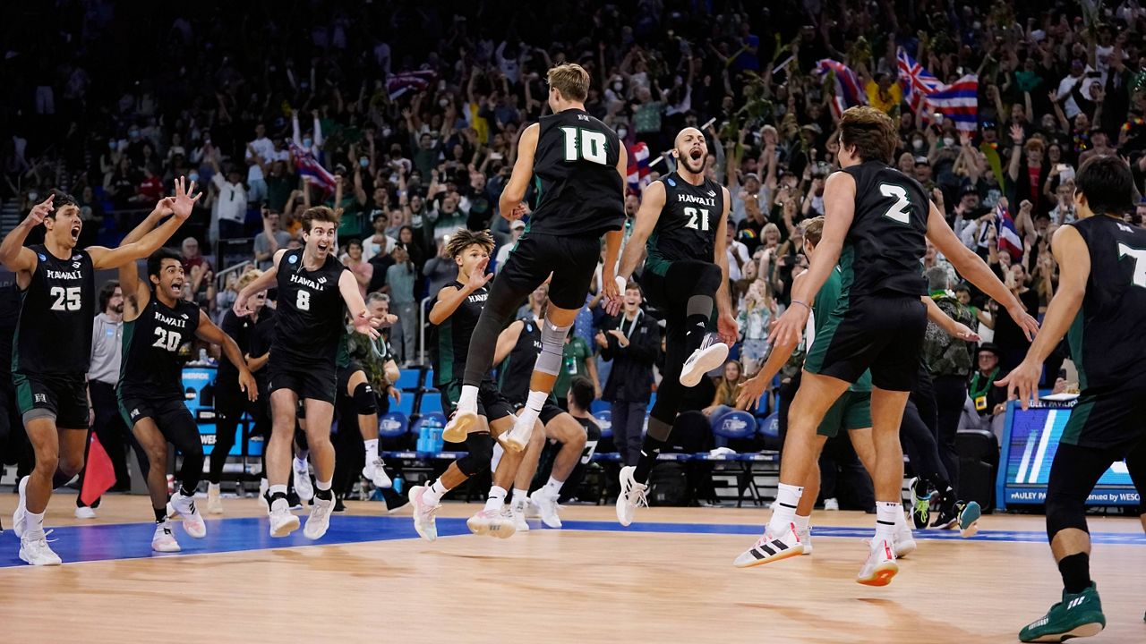 Hawaii players stormed the Pauley Pavilion court in celebration of the program's second straight NCAA championship on Saturday.