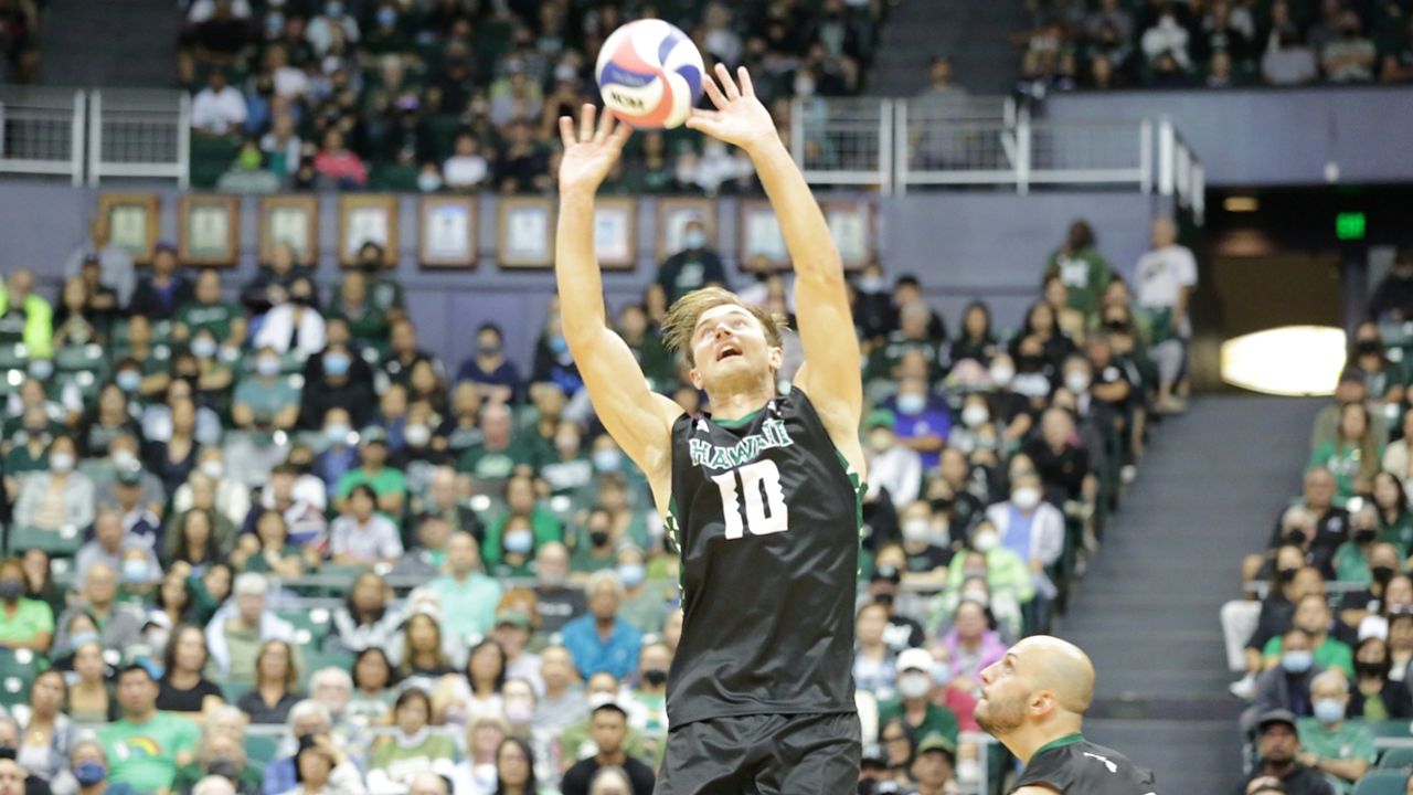 All-America setter Jakob Thelle, seen Jan. 13 against Ball State, returned to action for the UH men's volleyball team following a three-match absence and helped the Rainbow Warriors to a season high in hitting percentage.