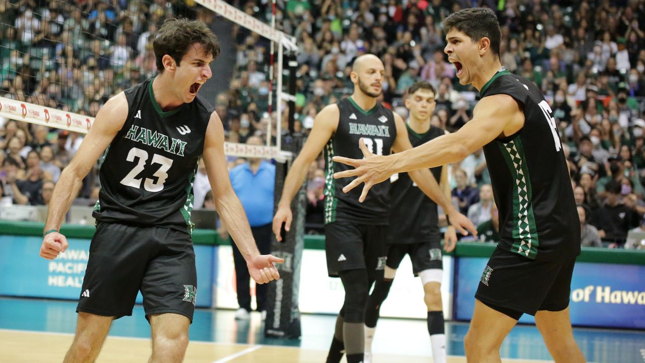 Spyros Chakas left, and Filip Humler, right, celebrated a big point against UCLA on Saturday. (Spectrum News/Brian McInnis)