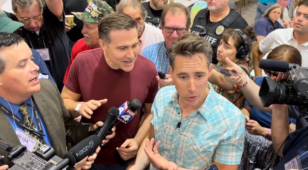 U.S. Senate candidate, Democrat Lucas Kunce (left) and Republican Sen. Josh Hawley (right) engaged in a verbal debate at the Missouri State Fair in Sedalia in August. (Spectrum News/Gregg Palermo)