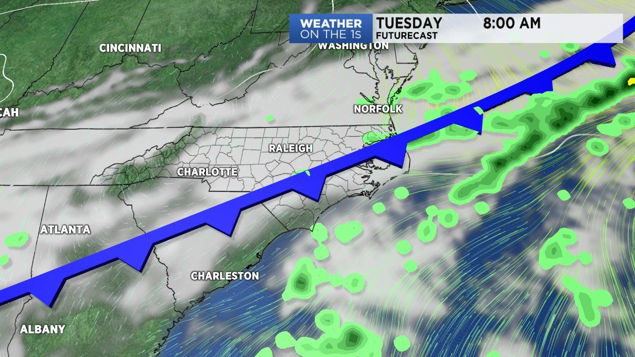 Rain chances increase Tuesday as a cold front makes it way across the Carolinas.