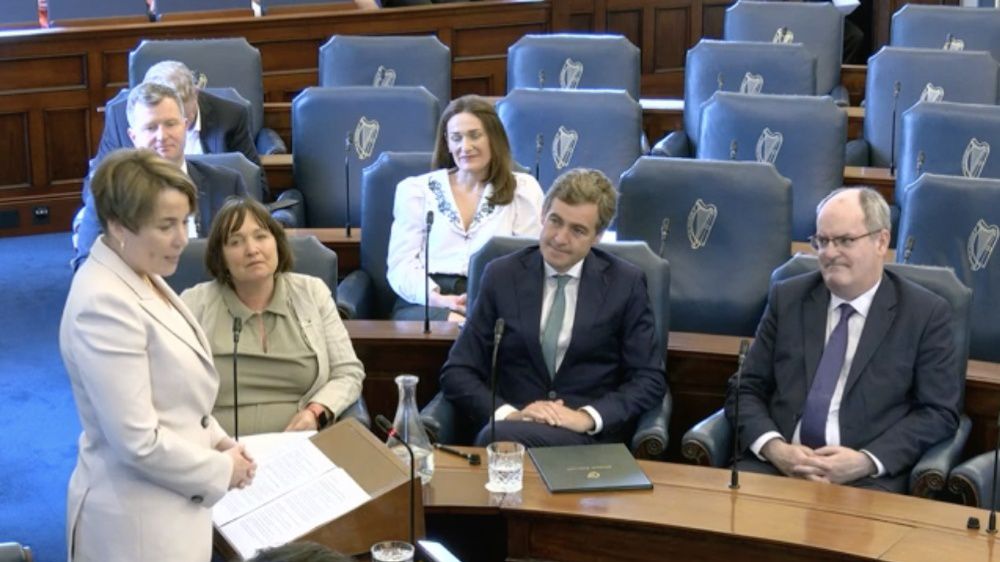 Gov. Maura Healey addresses the Seanad Éireann on Tuesday. (State House News Service)