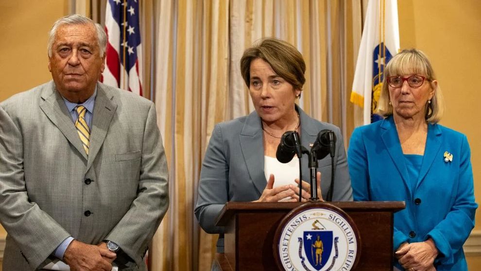 Gov. Maura Healey speaking at the podium. (State House News Service)