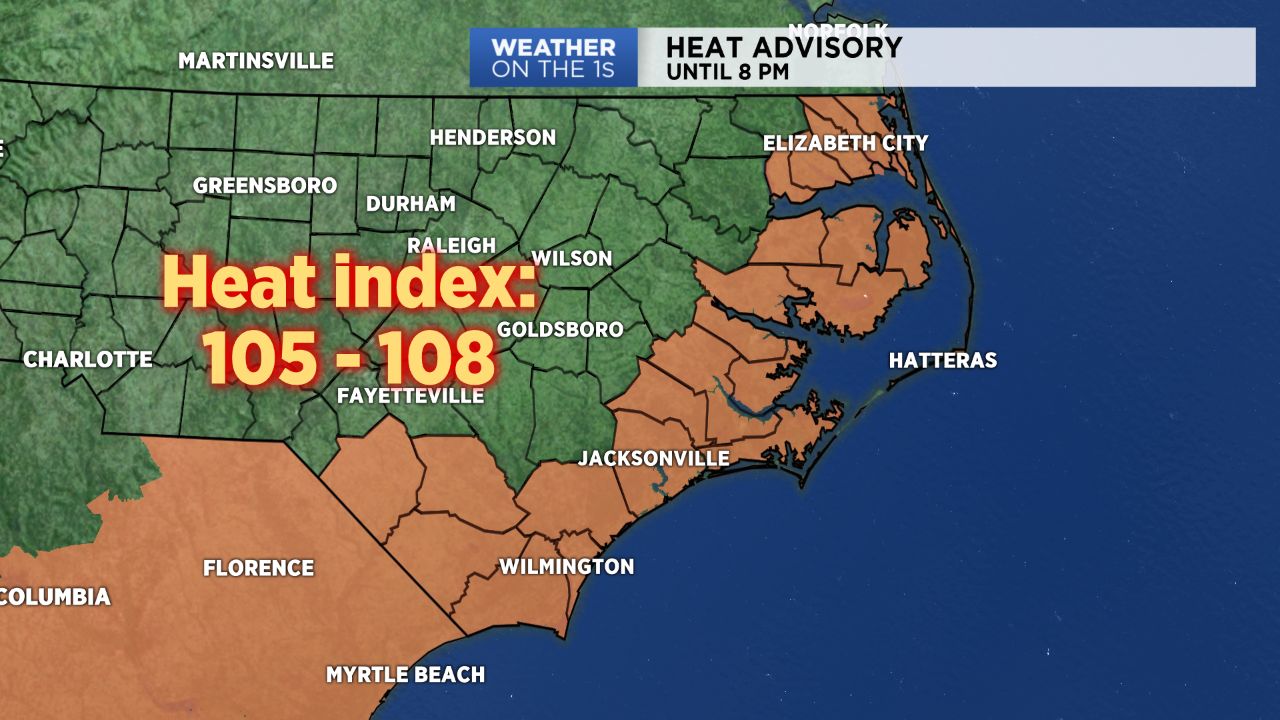 A heat advisory remains in effect for portions of eastern NC until 8 pm.