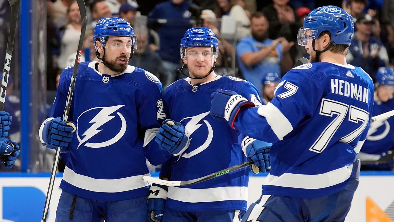 Tampa Bay Lightning left wing Nicholas Paul (20) celebrates his goal against the New Jersey Devils with defenseman Darren Raddysh (43) and defenseman Victor Hedman (77) during the second period of an NHL hockey game Saturday, Jan. 27, 2024, in Tampa, Fla. (AP Photo/Chris O'Meara)