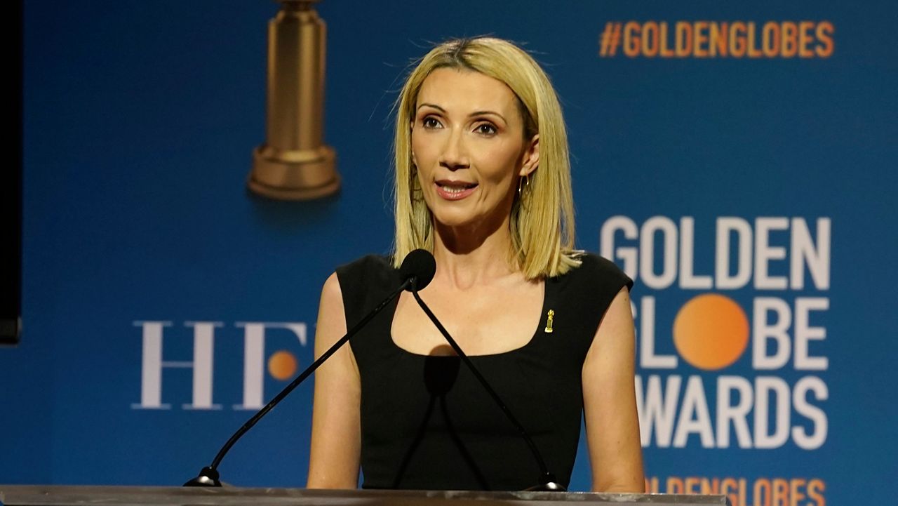 Helen Hoehne, president of the Hollywood Foreign Press Association, announces nominations for the 79th annual Golden Globe Awards at the Beverly Hilton Hotel on Monday, Dec. 13, 2021, in Beverly Hills, Calif. (AP Photo/Chris Pizzello)