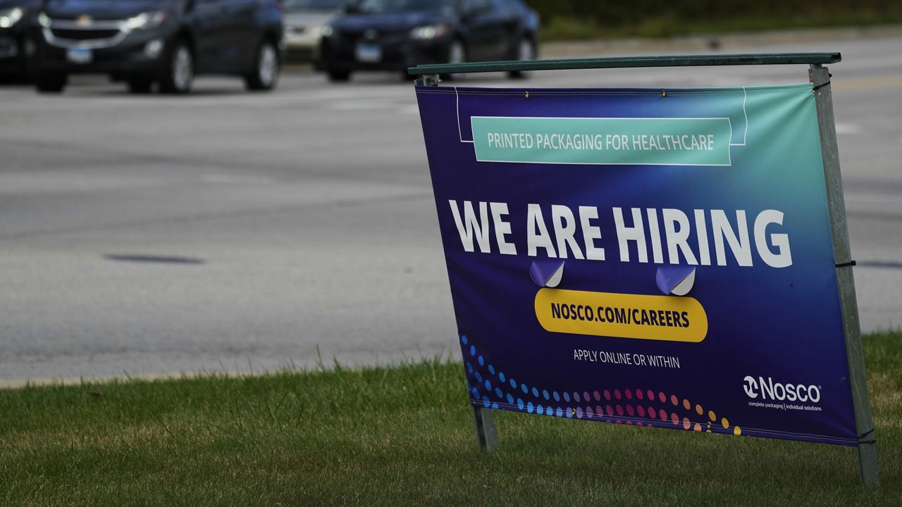 A hiring sign is seen in Waukegan, Ill., on Sept. 28, 2024. (AP Photo/Nam Y. Huh, File)