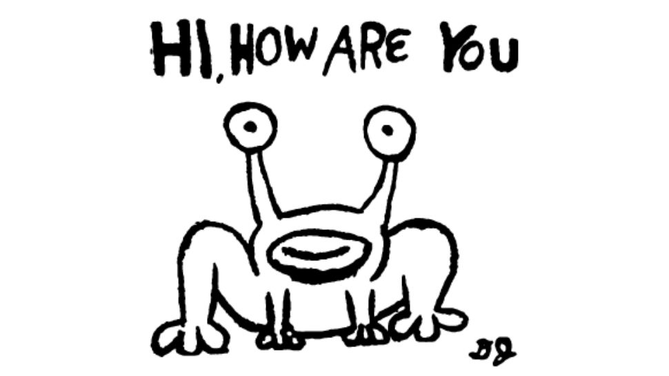 Sketch of Daniel Johnston's "Hi, How Are You" mural. (Created by Daniel Johnston, Provided by the Austin Central Library)