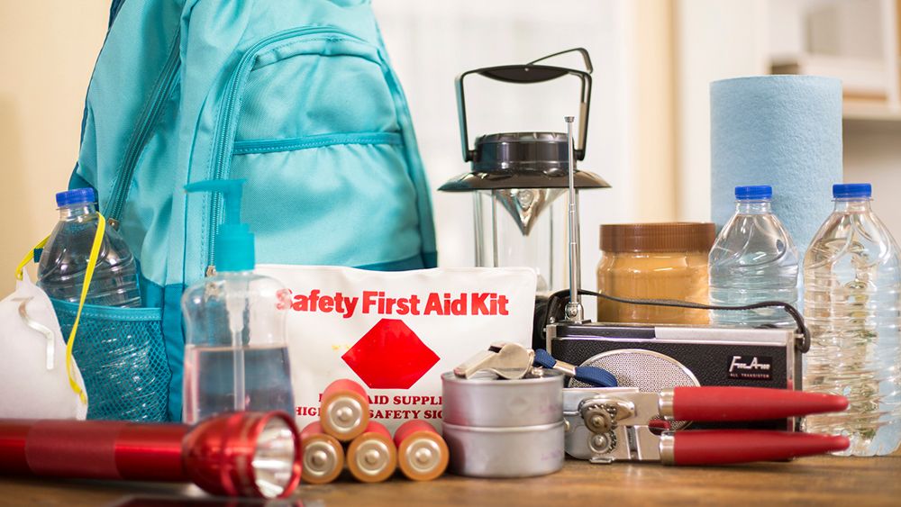 A pre-prepared hurricane kit including first air, lights and batteries. (Spectrum News)