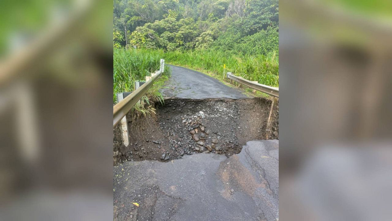 Roadway damage at the Leleka culvert crossing. Multiple sections of Pi‘ilani Highway are closed between mile markers 19 in Kahikinui and 39 in Kipahulu, which is located at the Leleka culvert crossing. Road closure signs have been erected at Hana town, the Leleka culvert crossing, Ulupalakua town and at the Auwahi Wind turbine turnout. (Photo courtesy County of Maui)