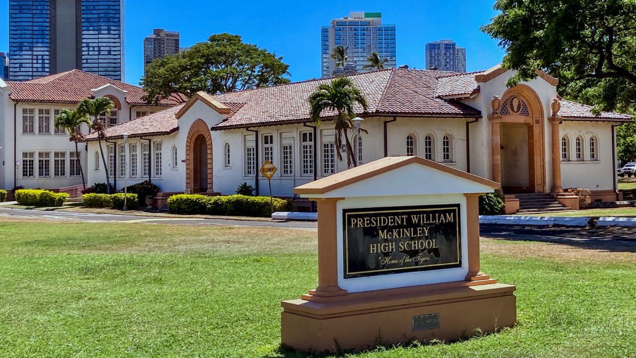 President William McKinley High School campus is seen in Honolulu on Friday, July 29, 2022. Sautia Tanoa is among the McKinley High School graduates who want to see the name restored to Honolulu High School out of respect for Hawaiian culture and history. Some alumni say changing the name would rattle their identity. (AP Photo/Jennifer Sinco Kelleher)