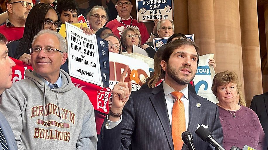 Sen. Andrew Gounardes, who sponsors legislation for significant investments in CUNY, speaks at a rally in the state Capitol on Thursday pushing for billions of more dollars in operational aid for SUNY and CUNY campuses and hospitals.