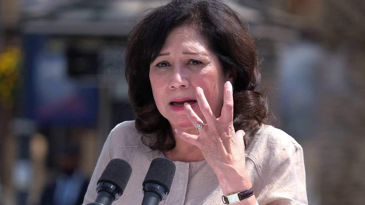Los Angeles County supervisor Hilda Solis speaks at a news conference on June 15, 2021, at Universal Studios in Universal City, Calif. (AP Photo/Ringo H.W. Chiu)