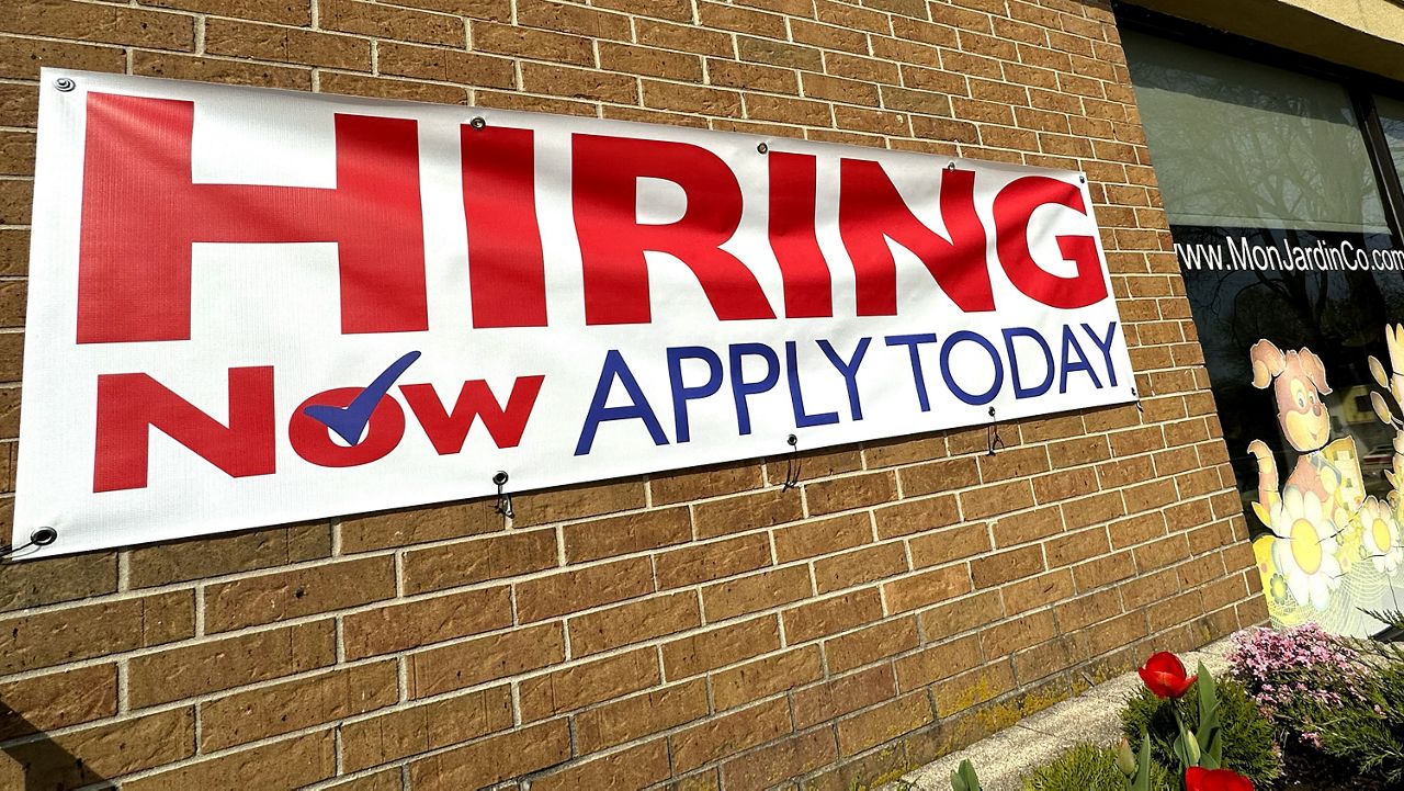 A hiring sign is displayed in Riverwoods, Ill., on April 16, 2024. (AP Photo/Nam Y. Huh, File)