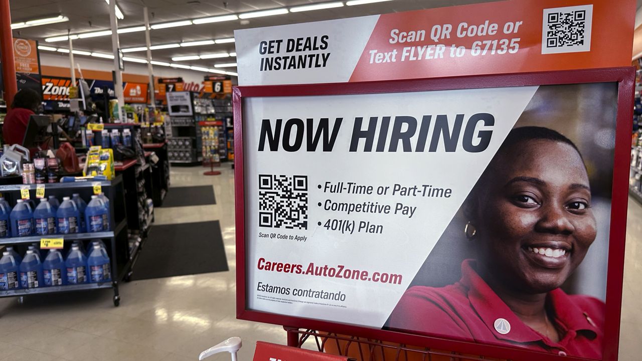 A hiring sign is displayed at a retail store in Buffalo Grove, Ill., Friday, Sept. 6, 2024. (AP Photo/Nam Y. Huh, File)