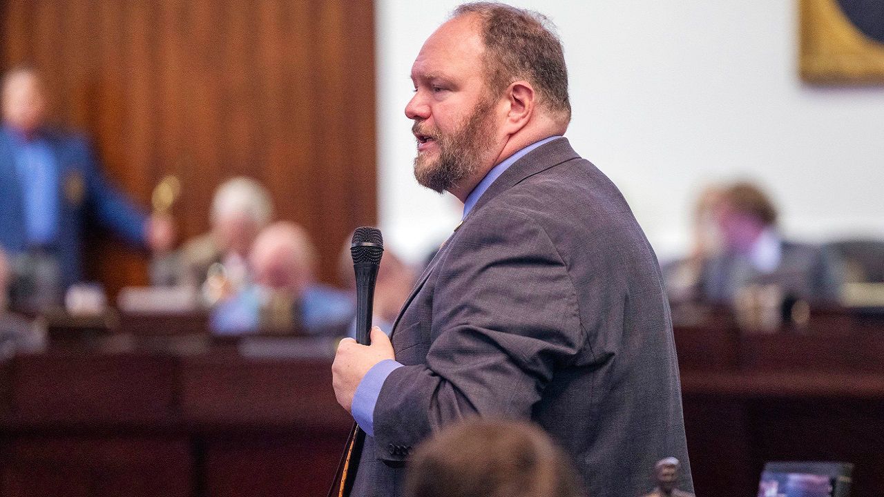 State Sen. Ralph Hise, a Republican who represents nine counties in western North Carolina, calls on the Federal Government for more financial assistance as the chamber debates SB 743, a relief package for Western North Carolina in the wake of Hurricane Helene, Thursday, Oct. 24, 2024, at the General Assembly in Raleigh, N.C. (Robert Willett/The News & Observer via AP)