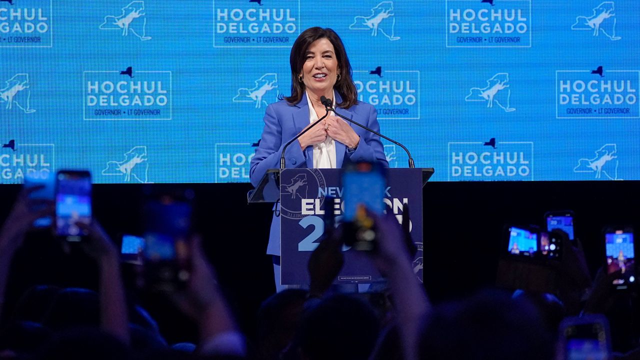 New York Gov. Kathy Hochul speaks to supporters during her election night party, Tuesday, Nov. 8, 2022, in New York. (AP Photo/Mary Altaffer)