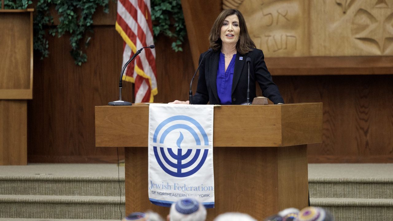 Gov. Kathy Hochul speaks at Congregation Beth Emeth reform synagogue in Albany during a communitywide rally in support of Israel on Monday night. (Courtesy of Gov. Kathy Hochul's office) 
