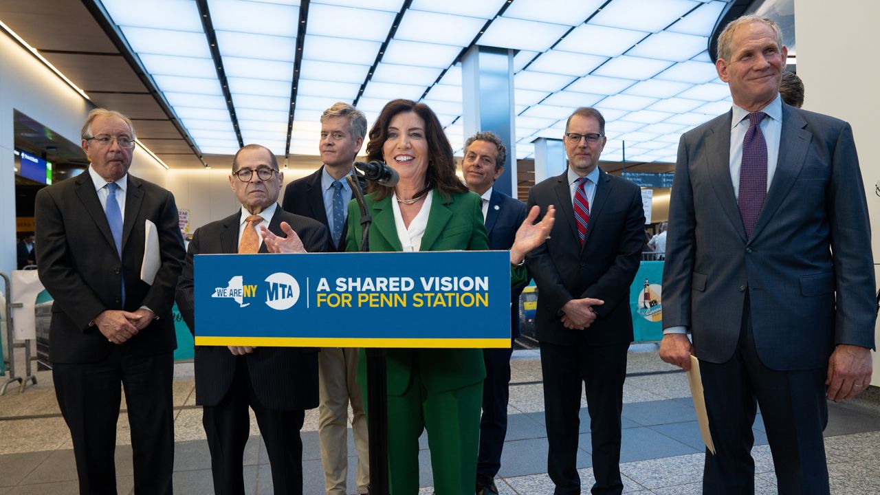 Gov. Kathy Hochul, local elected officials and railroad partners attend a press conference at Penn Station on Monday, June 26, 2023.