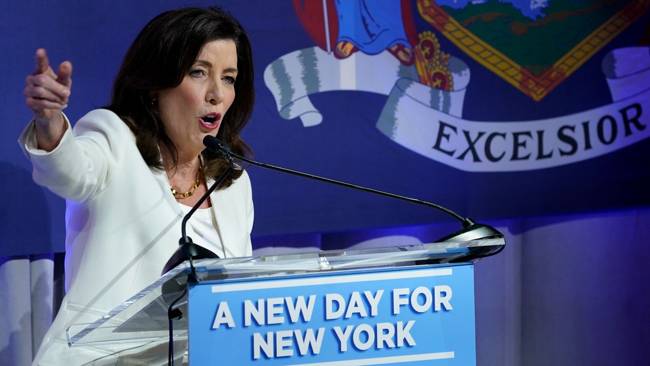 New York Gov. Kathy Hochul speaks to supporters during her election night party, Tuesday, Nov. 8, 2022, in New York. (AP Photo/Mary Altaffer)