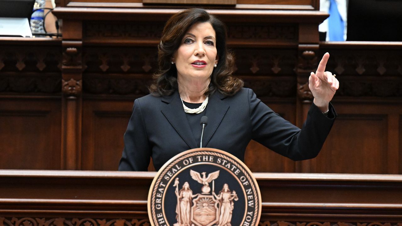 New York Gov. Kathy Hochul delivers her State of the State address in the Assembly Chamber at the state Capitol on Tuesday, Jan. 10, 2023.