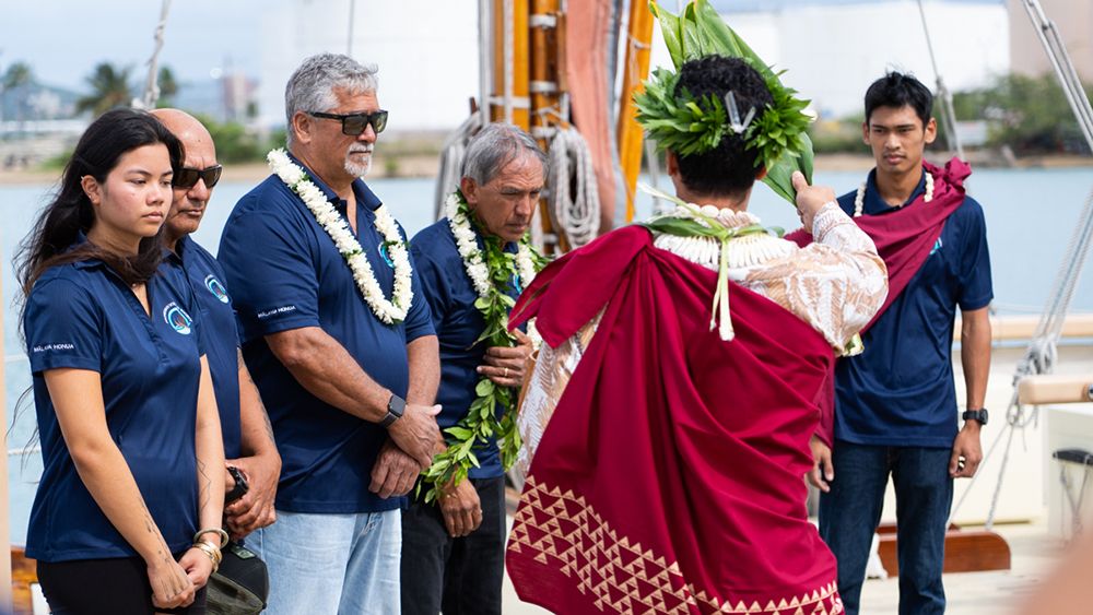 Wehena, or cleansing ritual, took place at the dock next to Hokulea prior to Tuesday's press conference. (Photo courtesy of Polynesian Voyaging Society)