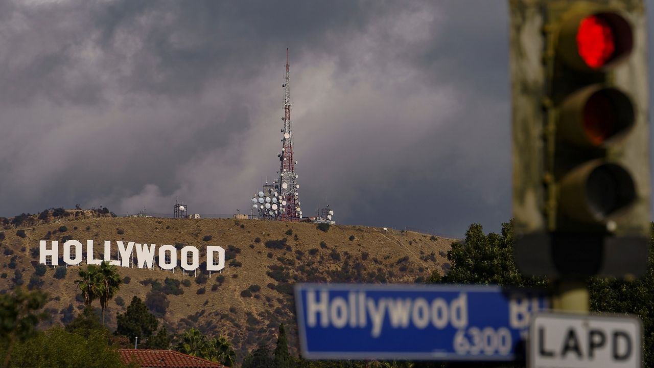 In this Nov. 7, 2020, file photo, clouds move over the Hollywood sign in Los Angeles.