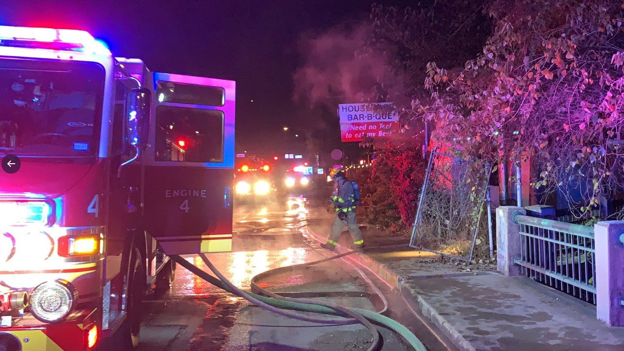 Austin firefighters at the scene of a blaze at House Park Bar-B-Que, 900 W. 12th Street in Austin, Texas, in this image from December 1, 2020. (Courtesy: Austin Fire Department/Twitter)