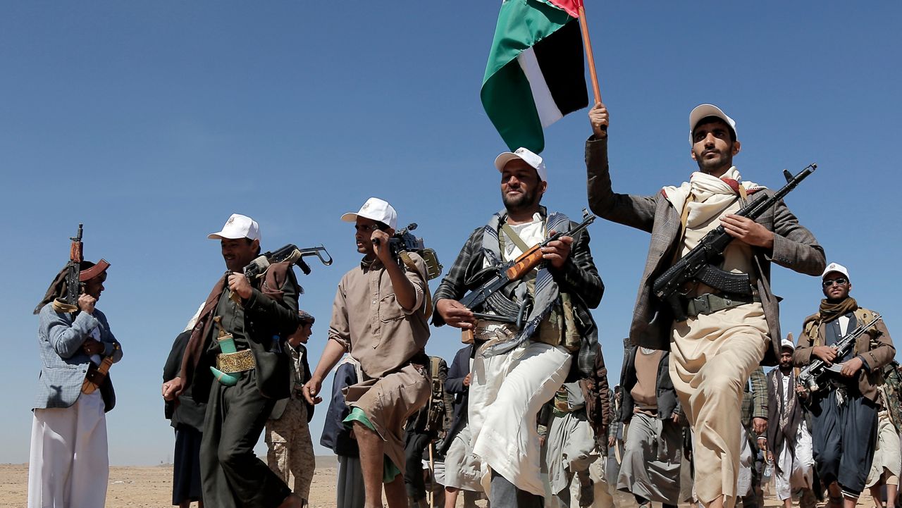 Houthi fighters march during a rally of support for the Palestinians in the Gaza Strip and against the U.S. strikes on Yemen outside Sanaa on Jan. 22, 2024. The U.S. and Britain have struck more than a dozen Houthi targets in Yemen. The strikes on Saturday, Feb. 24, answer a recent surge in attacks by the Iran-backed militia group on ships in the Red Sea and Gulf of Aden. (AP Photo, File)