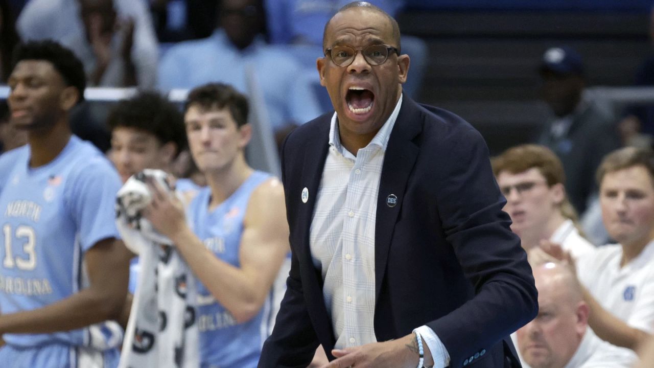 North Carolina head coach Hubert Davis yells instructions to his team during the first half of an NCAA college basketball game against UC Riverside, Friday, Nov. 17, 2023, in Chapel Hill, N.C. (AP Photo/Chris Seward)