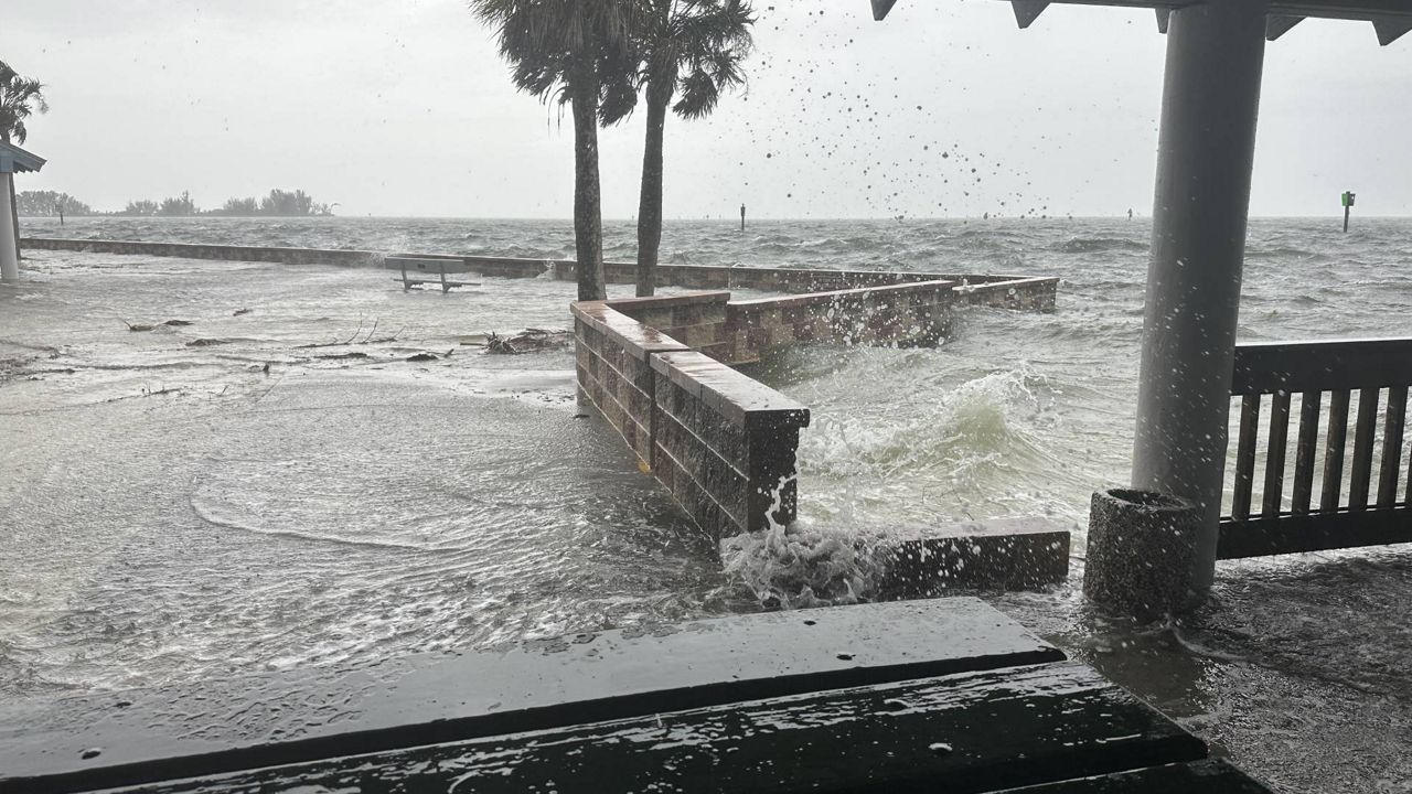 Rough waves crash into Hudson Beach Park during Tuesday's line of storms across Tampa Bay. (Spectrum News/Sarah Blazonis)