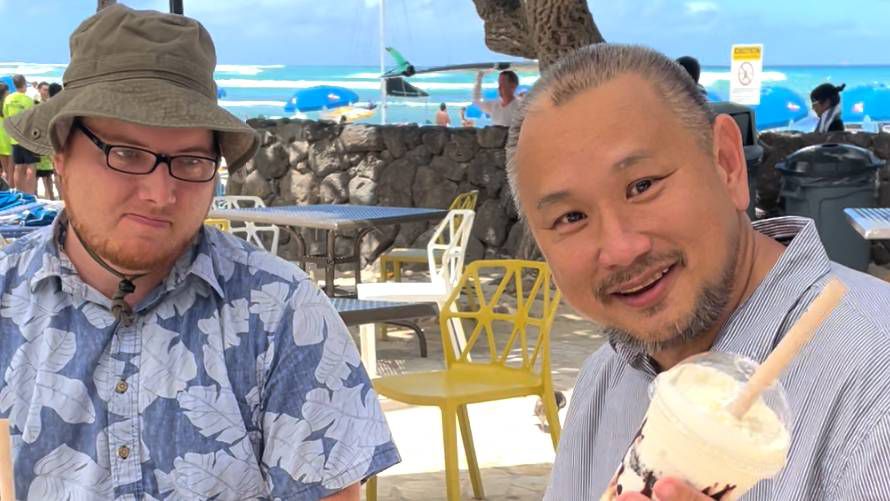 Brian McInnis and Michael Tsai take tastes of Duke's Hula Pie and Hula Pie Shake (Spectrum News Hawaii)
